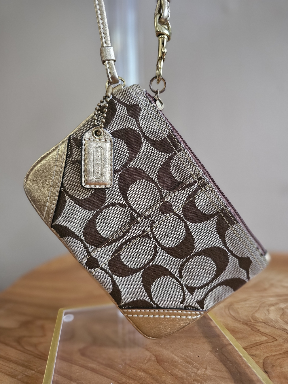 Coach Signature Canvas Wristlet in Brown and Gold - Picture 2 of 7